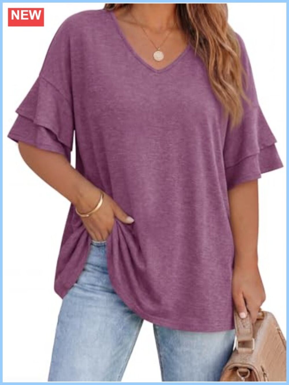 Womens Plus Size V Neck Ruffle Sleeve Tunic Top Loose Fit Knit Tee